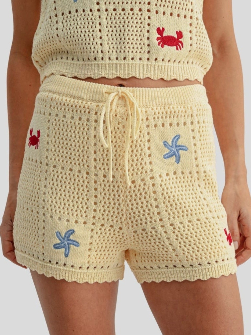 Lush Beach Embroidered Drawstring Knit Shorts - Butter Yellow